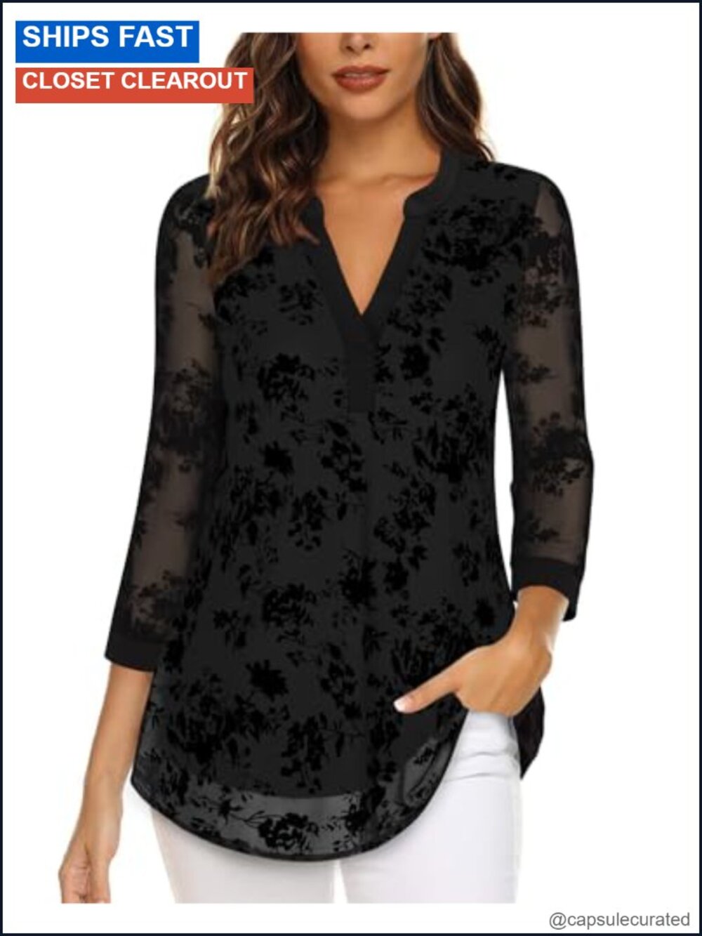 Women's 3/4 Sleeve V-Neck Tunic Top Floral Print Layered Casual Blouse